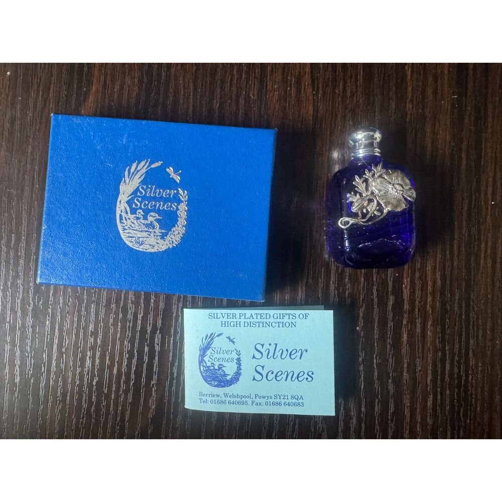 Vintage Silver Scenes Perfume Blue Glass with Silver-Plated Floral Bottle in Box